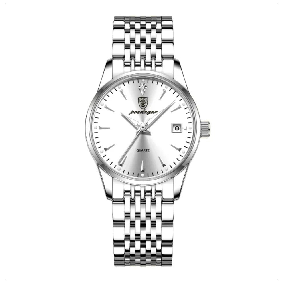 Elsopia™ Cléa – silver case white dial front view | Luxury Women's Watch
